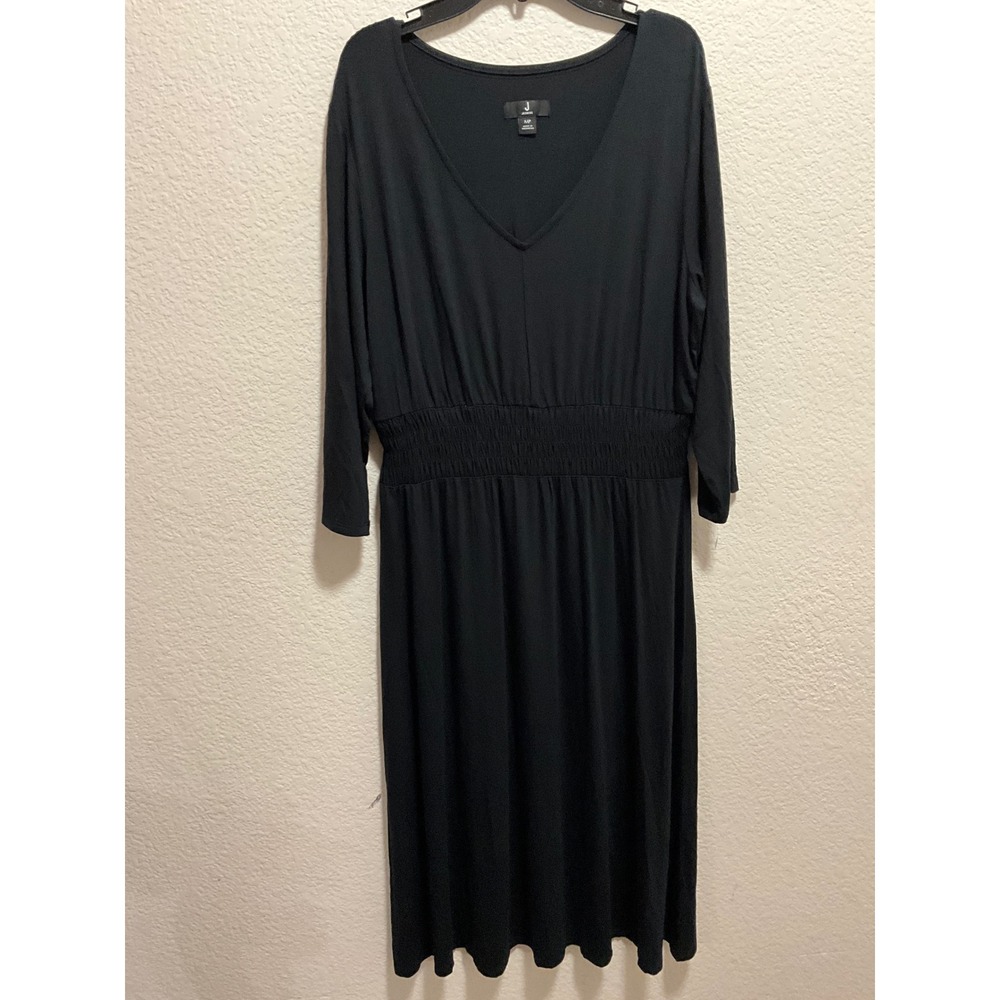 Jason wu Black V Neck Smocked Waist Midi Dress 3/4 Sleeve Casual Womens MP